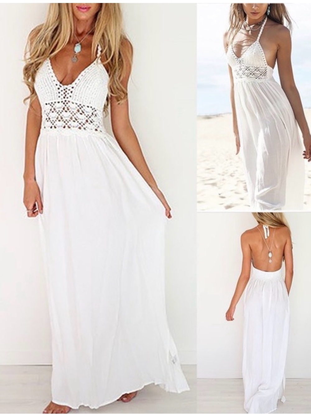 3 Lil Better Beach Crochet Backless WH,Pink Mint Maxi Halter Dress SOLD INDIV XL